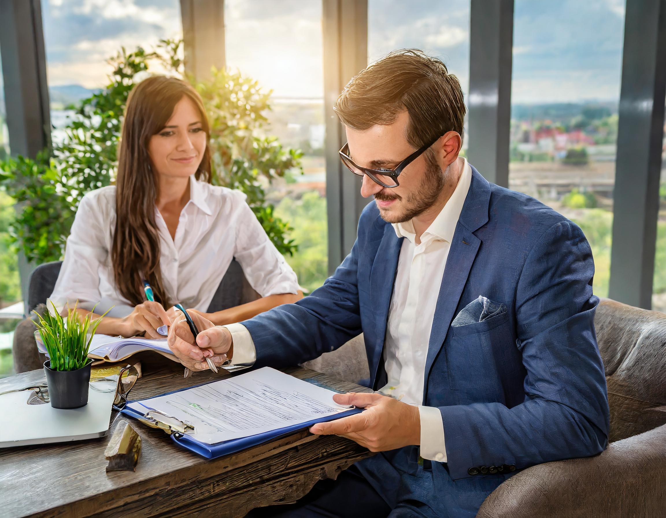 Elegante Steuerberatungsszene mit einem Berater und Klienten in einem klassischen Büro.